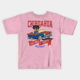 Funny and Cute Chihuahua dog driving a vintage classic retro car with red white and blue banner tee Kids T-Shirt